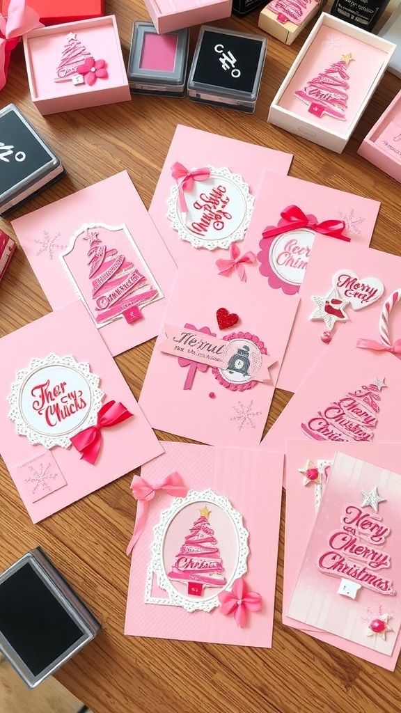 A display of pink-themed Christmas cards with festive designs and embellishments on a crafting table.